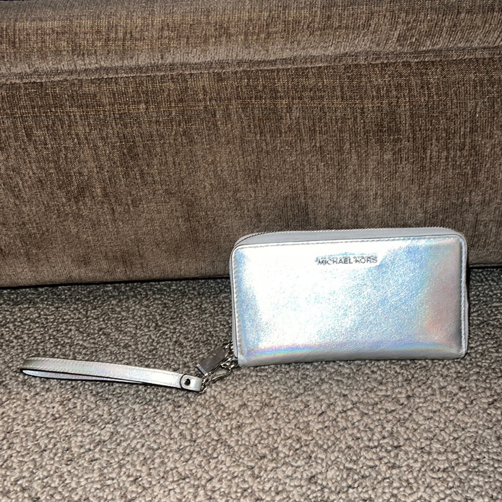Michael Kors Leather Silver Wristlet.